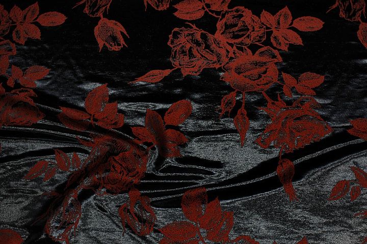 Жаккард с люрексом дабл (н) красно-черные розы - итальянские ткани Тессутидея арт. 03-7083