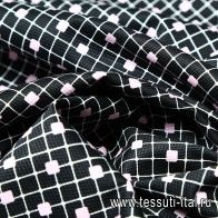 Плательная фактурная стрейч (н) мелкие розовые квадраты на черно-белой стилизованной клетке - итальянские ткани Тессутидея арт. 01-3656