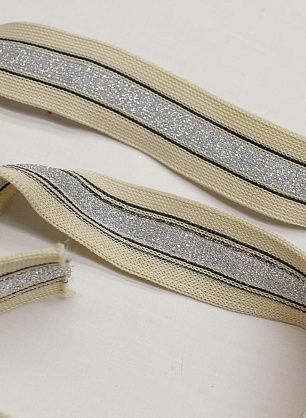 Тесьма лампас трикотажная с люрексом (н) бежево-серебрянная ш-2,5см  - в интернет-магазине тканей Тессутидея арт. F-6198