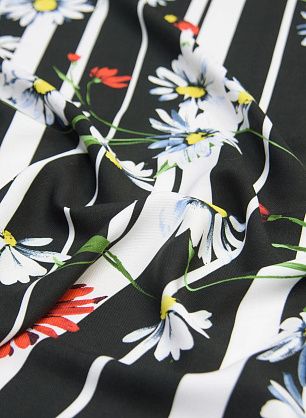 Плательная пике (н) цветочный рисунок на черно-белой полоске - в интернет-магазине тканей Тессутидея арт. 04-1352