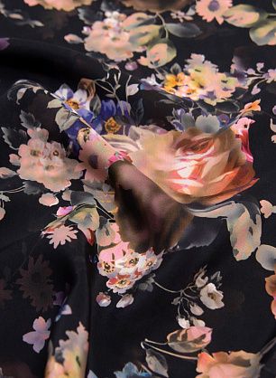 Шелк матовый (н) крупный цветочный рисунок на черном - в интернет-магазине тканей Тессутидея арт. 10-1786