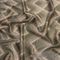 Шелк атлас (н) оливково-бежевый геометрический рисунок - итальянские ткани Тессутидея арт. 10-2432