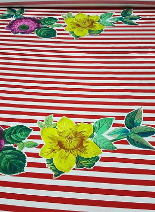 Плательная репс купон (0,77м) (о) цветы на красно-белой полоске - в интернет-магазине тканей Тессутидея арт. 01-3502