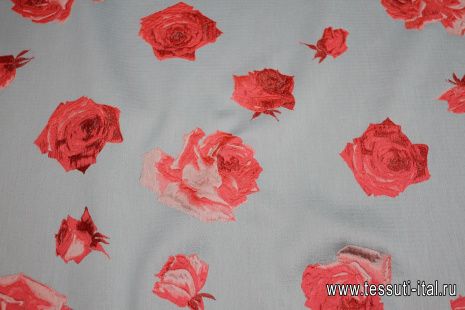 Жаккард с люрексом (н) розовые розы на голубом - итальянские ткани Тессутидея арт. 03-6831