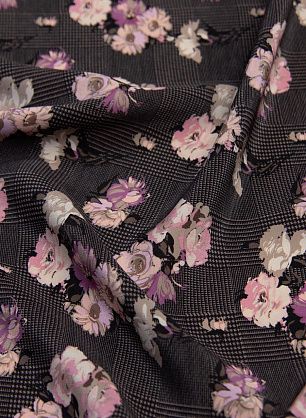 Крепдешин (н) цветочный рисунок на черно-коричневой стилизованной клетке - в интернет-магазине тканей Тессутидея арт. 10-1804