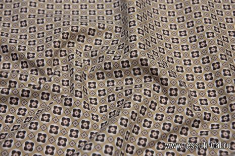 Сорочечная стрейч (н) серо-коричневый принт на бежевом - итальянские ткани Тессутидея арт. 01-6193