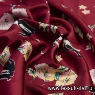 Шелк твил (н) кошки и цветы на бордовом - итальянские ткани Тессутидея арт. 10-0950