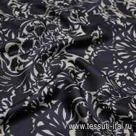 Шелк твил 80 гр/м (н) сине-черный растительный рисунок на светло-бежевом - итальянские ткани Тессутидея арт. 10-3160