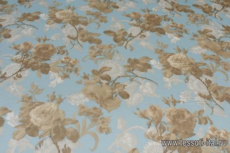 Шелк атлас (н) бежево-коричневый цветочный рисунок на голубом - итальянские ткани Тессутидея арт. 10-2462