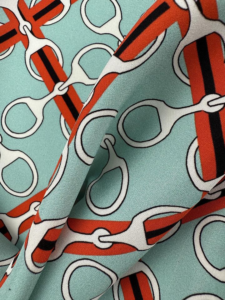 Шелк атлас стрейч (н) черно-бело-оранжевый рисунок на тиффани - итальянские ткани Тессутидея арт. 10-4866