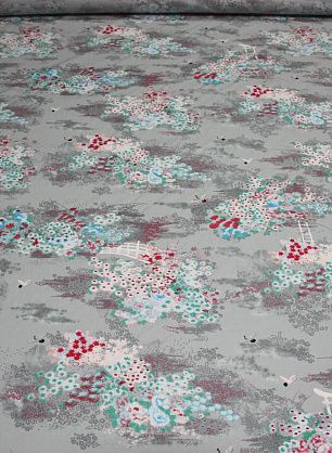 Сорочечная (н) цветочный орнамент и птицы на сером - в интернет-магазине тканей Тессутидея арт. 01-3876