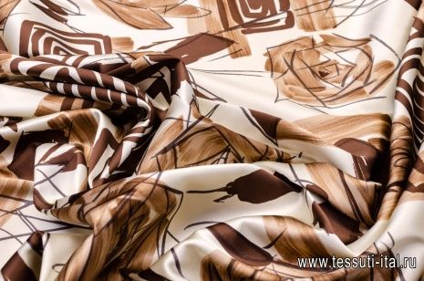 Шелк атлас стрейч (н) коричневый орнамент на молочном - итальянские ткани Тессутидея арт. 02-8435