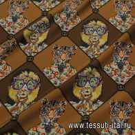 Крепдешин (н) тигры и леопарды в очках на коричневом - итальянские ткани Тессутидея арт. 10-3234