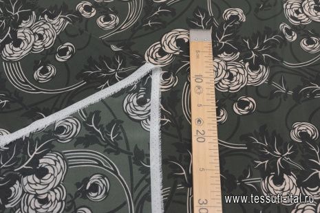 Крепдешин (н) бело-зеленый цветочный рисунок - итальянские ткани Тессутидея арт. 10-2922