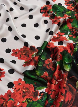 Шелк атлас стрейч (н) цветочный рисунок, горох и звериный принт в стиле D&G - в интернет-магазине тканей Тессутидея арт. 10-1989