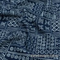 Лен (н) голубой геометрический орнамент на темно-синем - итальянские ткани Тессутидея арт. 16-0754