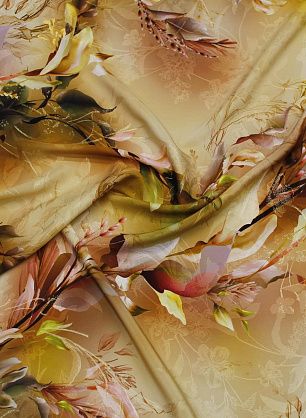 Шелк жаккард с люрексом (н) крупный растительный рисунок на бежево-желтом - в интернет-магазине тканей Тессутидея арт. 10-3904