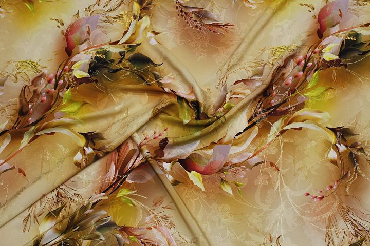 Шелк жаккард с люрексом (н) крупный растительный рисунок на бежево-желтом - итальянские ткани Тессутидея арт. 10-3904