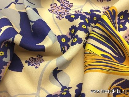 Шифон (н) сине-желто-сиреневый цветочный орнамент на бежевом - итальянские ткани Тессутидея арт. 02-7719