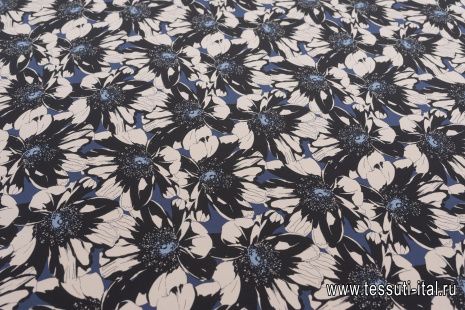 Крепдешин (н) черно-белый цветочный рисунок на синем - итальянские ткани Тессутидея арт. 10-2916