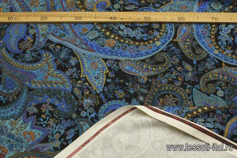 Плательная шерсть стрейч (н) сине-желтые пейсли на черном - итальянские ткани Тессутидея арт. 17-1063