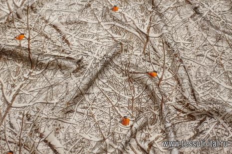 Шифон с люрексом (н) снегири на бело-коричневом - итальянские ткани Тессутидея арт. 10-3490