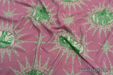 Крепдешин (н) цветочно-животный принт на розово-сером меланже в стиле Cucci - итальянские ткани Тессутидея арт. 10-2308