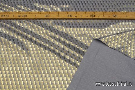 Сорочечная с напылением (н) золотой геометрический принт на сине-белом меланже - итальянские ткани Тессутидея арт. 01-7179