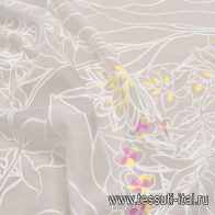 Органза купон (1,5м) (н) розово-желтые цветы на белом растительном рисунке - итальянские ткани Тессутидея арт. 10-2777