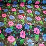 Органза (н) розово-синий цветочный орнамент на черном ш-120см - итальянские ткани Тессутидея арт. 02-4761