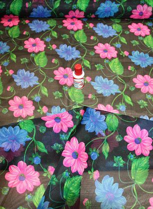 Органза (н) розово-синий цветочный орнамент на черном ш-120см - в интернет-магазине тканей Тессутидея арт. 02-4761