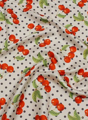 Шелк твил (н) черный горох и вишни на белом - в интернет-магазине тканей Тессутидея арт. 10-3420