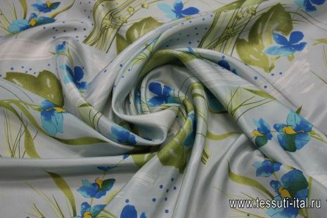 Туаль (н) зелено-голубой цветочный орнамент на серо-голубом LaCaleche - итальянские ткани Тессутидея арт. 02-6354