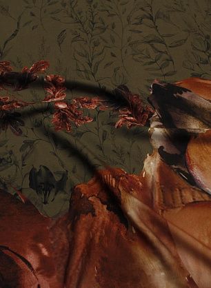 Плательная вискоза (н) цветочный бордюр и растительный орнамент на коричневом - в интернет-магазине тканей Тессутидея арт. 04-1793