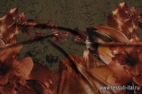Плательная вискоза (н) цветочный бордюр и растительный орнамент на коричневом - итальянские ткани Тессутидея арт. 04-1793
