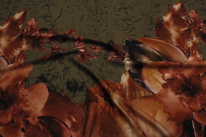 Плательная вискоза (н) цветочный бордюр и растительный орнамент на коричневом - итальянские ткани Тессутидея арт. 04-1793