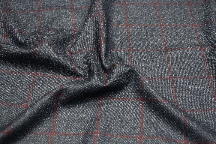 Костюмная 320 г/м (н) сине-серая меланж в красную клетку - итальянские ткани Тессутидея арт. 05-4461