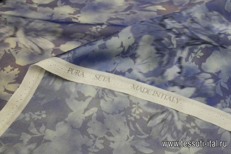 Шифон (н) бело-голубой цветочный рисунок на голубом - итальянские ткани Тессутидея арт. 10-3711