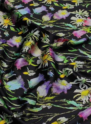 Шелк атлас стрейч (н) цветочный рисунок на черном - в интернет-магазине тканей Тессутидея арт. 10-3275