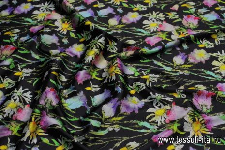 Шелк атлас стрейч (н) цветочный рисунок на черном - итальянские ткани Тессутидея арт. 10-3275