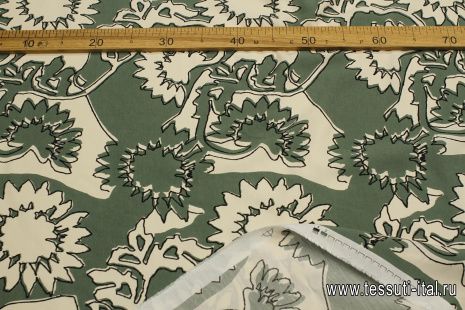 Плательная вискоза+лен (н) черно-молочная цветочная абстракция на зеленом - итальянские ткани Тессутидея арт. 04-1804