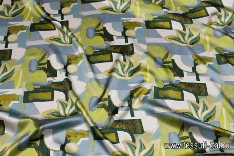 Шелк атлас стрейч (н) желто-зелено-голубая абстракция - итальянские ткани Тессутидея арт. 10-3549
