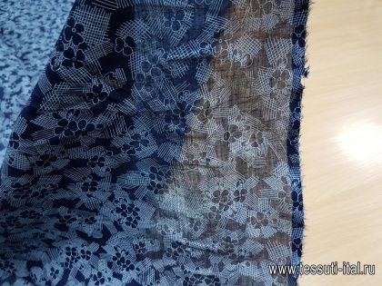 Сорочечная вискоза (н) белый цветочный орнамент на темно-синем - итальянские ткани Тессутидея арт. 01-3444