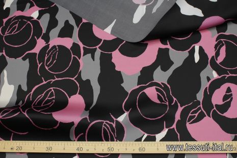 Органза купон (1,6м) (н) серо-бело-розовый абстрактный рисунок на черном - итальянские ткани Тессутидея арт. 10-3608