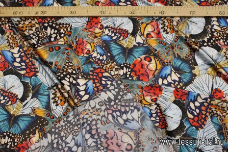 Шелк атлас стрейч (н) яркие бабочки - итальянские ткани Тессутидея арт. 10-3692