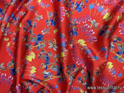 Шелк атлас стрейч (н) цветочный рисунок на красном - итальянские ткани Тессутидея арт. 10-3059