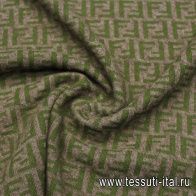 Трикотаж кашемир (н) зеленый логотип на коричневом - итальянские ткани Тессутидея арт. 15-1134