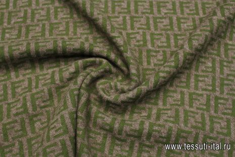 Трикотаж кашемир (н) зеленый логотип на коричневом - итальянские ткани Тессутидея арт. 15-1134