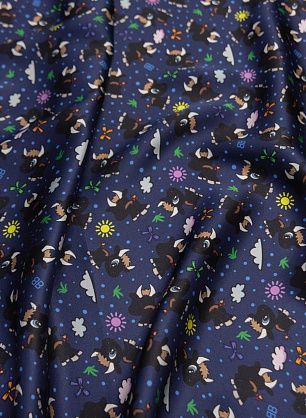 Шелк атлас (н) мультипликационный рисунок на темно-синем в стиле Balenciaga - в интернет-магазине тканей Тессутидея арт. 10-1979