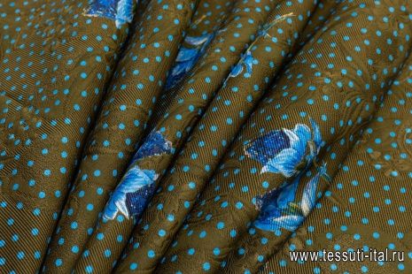 Жаккард дабл (н) белый/синий цветочный орнамент и голубой горох на коричневом - итальянские ткани Тессутидея арт. 03-5928